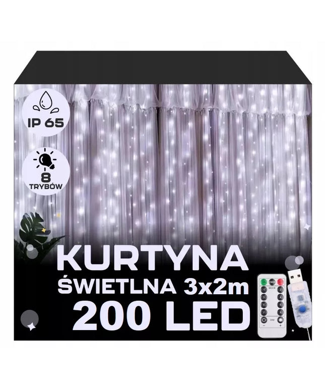 Kalėdinė LED užuolaida 3x2m 200 mikro LED lempučių USB, nuotolinio valdymo pultelis, kabliukai, šaltai balta