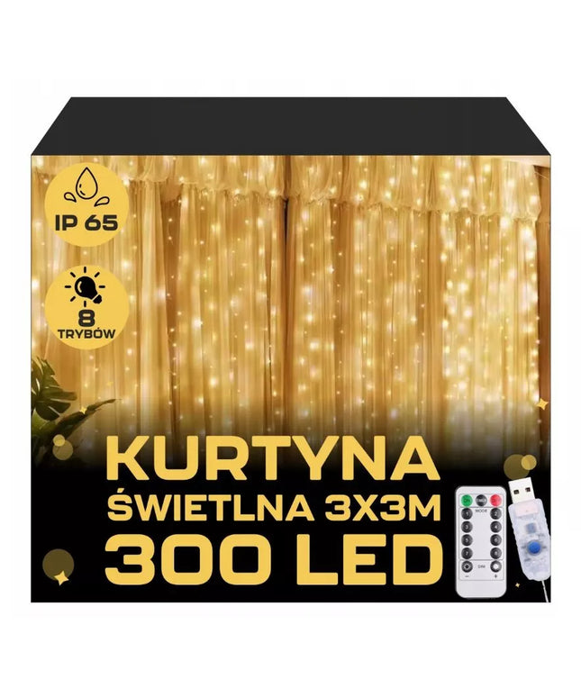 Kalėdinė LED užuolaida 3x3m, 300 mikro lempučių, USB, pultelis, kabliukai, šiltai balta