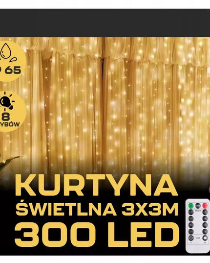 Kalėdinė LED užuolaida 3x3m 300 mikro lempučių USB pultelis kabliukai šilta balta