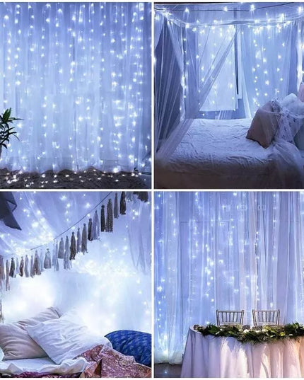 Kalėdinė LED užuolaida 3x3m, 300 mikro lempučių, USB, pultelis, kabliukai, šaltai balta