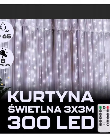 Kalėdinė LED užuolaida 3x3m, 300 mikro lempučių, USB, pultelis, kabliukai, šaltai balta