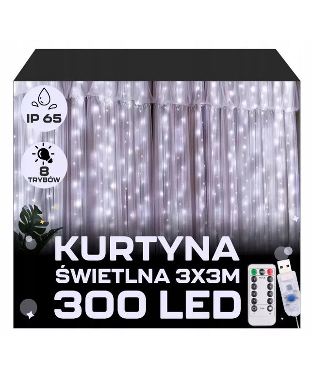 Kalėdinė LED užuolaida 3x3m, 300 mikro lempučių, USB, pultelis, kabliukai, šaltai balta