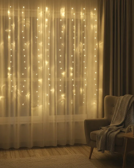 Kalėdinė LED šviesos užuolaida, 1,5 × 1 m, 180 šiltai baltų mikro LED lempučių, sidabrinis laidas