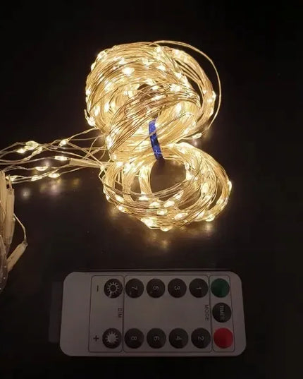 POWERON RS-1017WW šviesos užuolaida, 3 × 2 m, 200 geltonų mikroLED lempučių, USB, su pulteliu