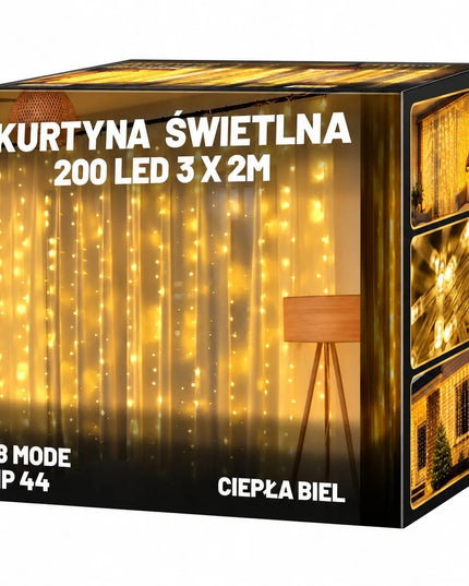 POWERON RS-1017WW šviesos užuolaida, 3 × 2 m, 200 geltonų mikroLED lempučių, USB, su pulteliu