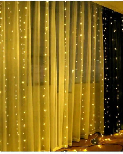 LED šviesos užuolaida su kabliukais, 300 LED, USB, 3 × 3 m, nuotolinio valdymo pultas, laikmatis, šilta balta šviesa, IP44