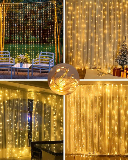 LED šviesos užuolaida su kabliukais, 300 LED, USB, 3 × 3 m, nuotolinio valdymo pultas, laikmatis, šilta balta šviesa, IP44