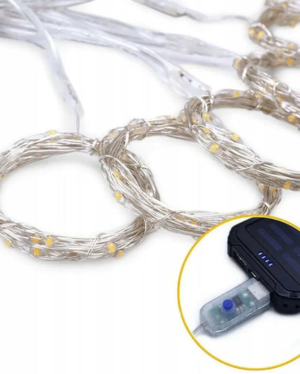 LED šviesos užuolaida su kabliukais, 300 LED, USB, 3 × 3 m, nuotolinio valdymo pultas, laikmatis, šilta balta šviesa, IP44