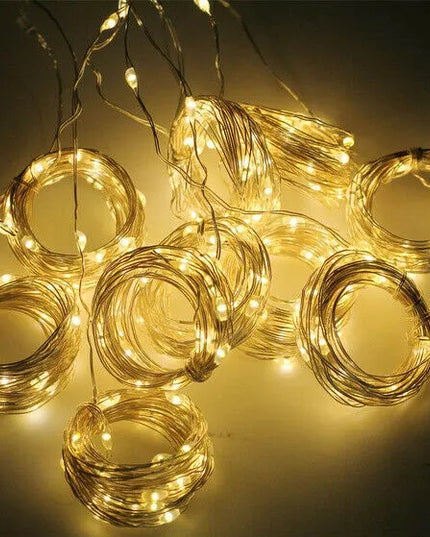 LED šviesos užuolaida su kabliukais, 300 LED, USB, 3 × 3 m, nuotolinio valdymo pultas, laikmatis, šilta balta šviesa, IP44