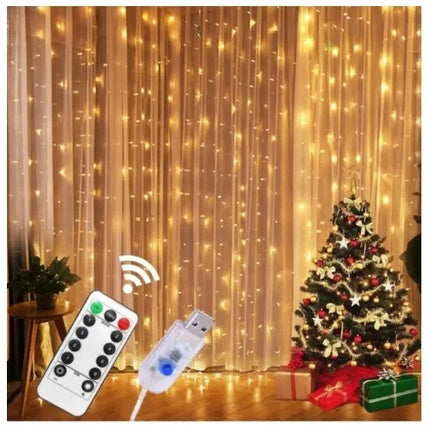 LED šviesos užuolaida su kabliukais, 300 LED, USB, 3 × 3 m, nuotolinio valdymo pultas, laikmatis, šilta balta šviesa, IP44