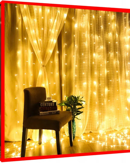 LED šviesos užuolaida su kabliukais, 300 LED, USB, 3 × 3 m, nuotolinio valdymo pultas, laikmatis, šilta balta šviesa, IP44