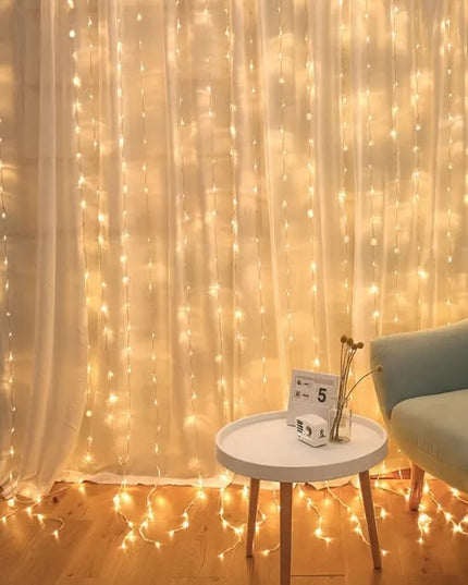 LED šviesos užuolaida su kabliukais, 300 LED, USB, 3 × 3 m, nuotolinio valdymo pultas, laikmatis, šilta balta šviesa, IP44