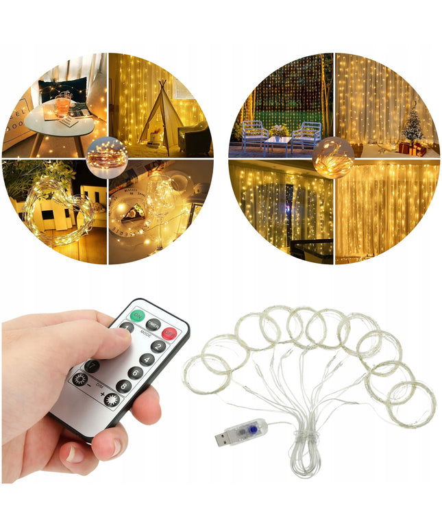 LED šviesos užuolaida su kabliukais, 300 LED, USB, 3 × 3 m, nuotolinio valdymo pultas, laikmatis, šilta balta šviesa, IP44