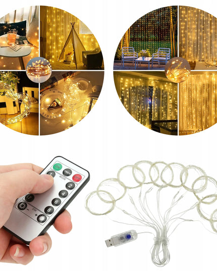 LED šviesos užuolaida su kabliukais, 300 LED, USB, 3 × 3 m, nuotolinio valdymo pultas, laikmatis, šilta balta šviesa, IP44