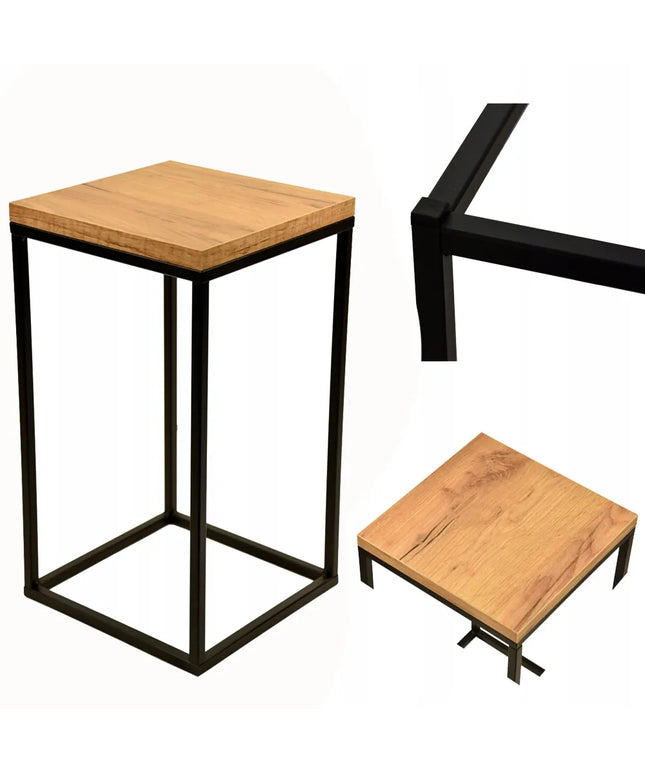 Gramix metalinis gėlių stovas 40 cm, staliukas su ąžuolo spalvos stalviršiu, juodas