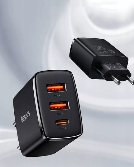 Įkroviklis BASEUS telefonui, 2x USB, USB-C, 30W, 3A PD QC + laidas USB-USB-C, 2m