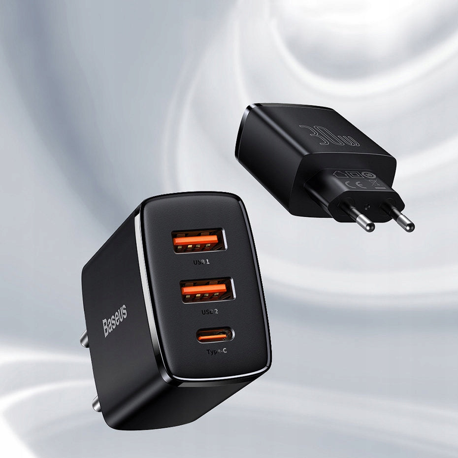 Įkroviklis BASEUS telefonui, 2x USB, USB-C, 30W, 3A PD QC + laidas USB-USB-C, 2m