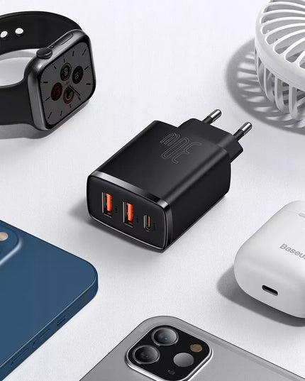 Įkroviklis BASEUS telefonui, 2x USB, USB-C, 30W, 3A PD QC + laidas USB-USB-C, 2m