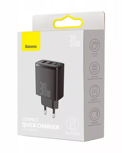 Įkroviklis BASEUS telefonui, 2x USB, USB-C, 30W, 3A PD QC + laidas USB-USB-C, 2m