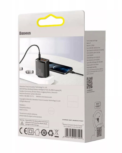 Įkroviklis BASEUS telefonui, 2x USB, USB-C, 30W, 3A PD QC + laidas USB-USB-C, 2m