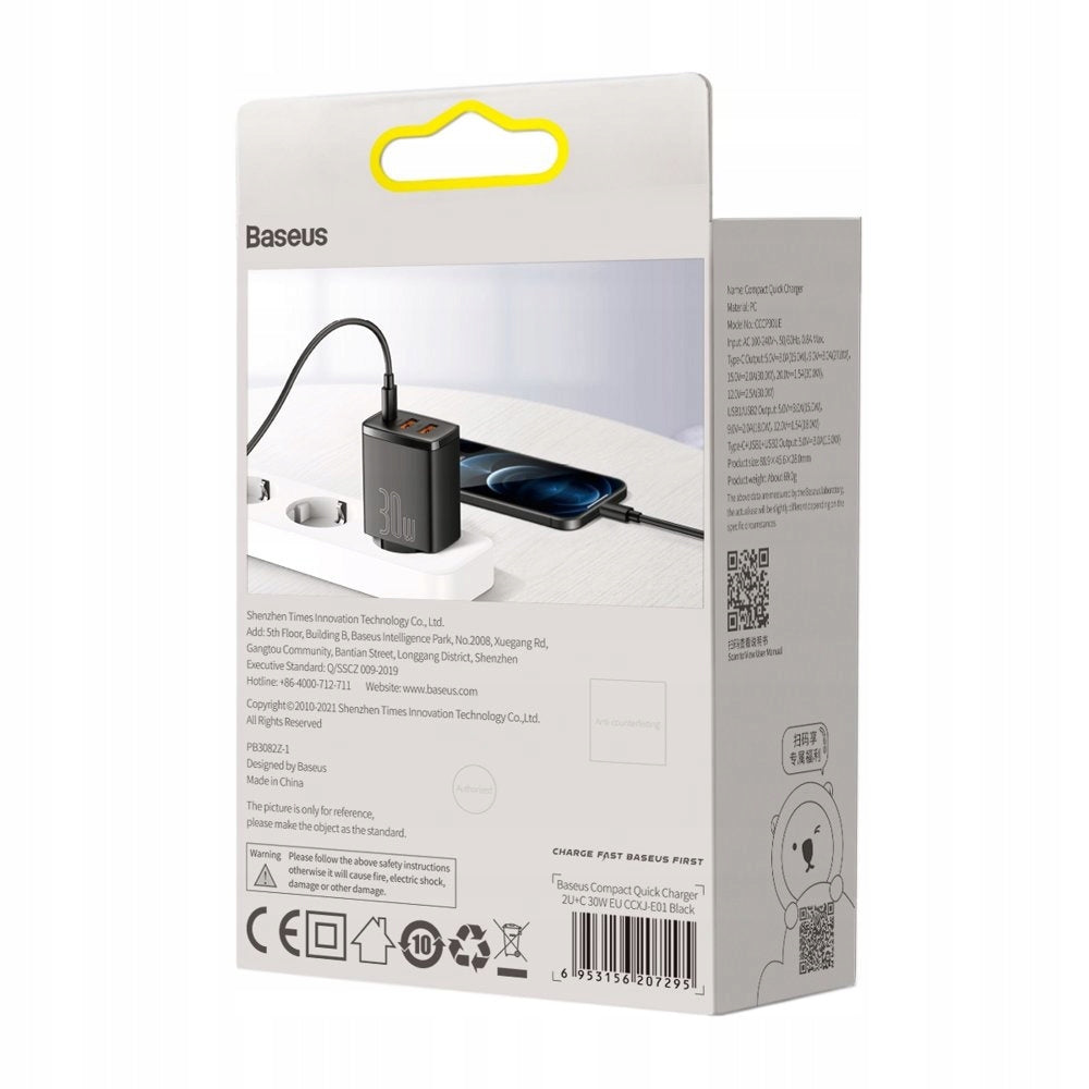 Įkroviklis BASEUS telefonui, 2x USB, USB-C, 30W, 3A PD QC + laidas USB-USB-C, 2m