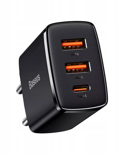 Įkroviklis BASEUS telefonui, 2x USB, USB-C, 30W, 3A PD QC + laidas USB-USB-C, 2m