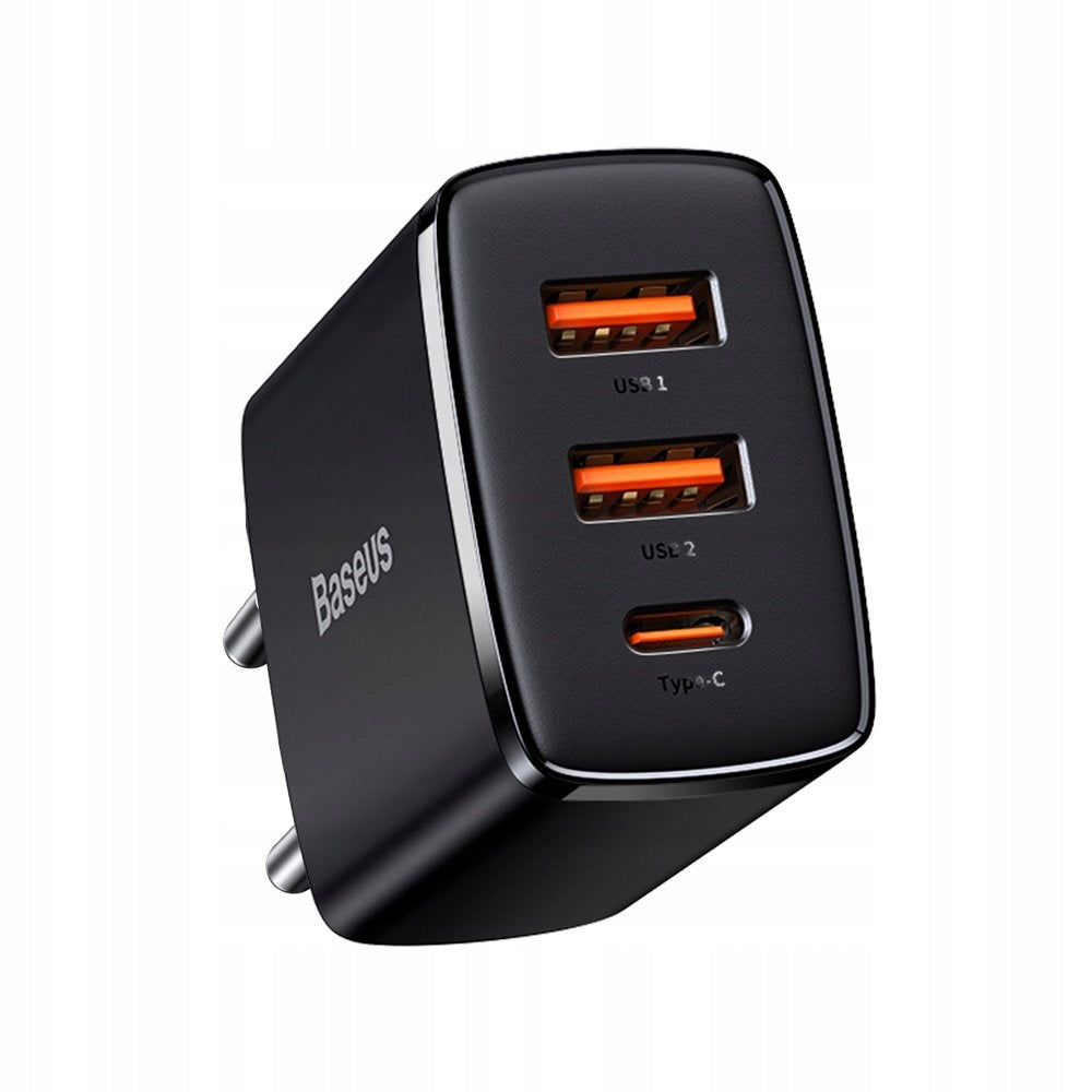 Įkroviklis BASEUS telefonui, 2x USB, USB-C, 30W, 3A PD QC + laidas USB-USB-C, 2m