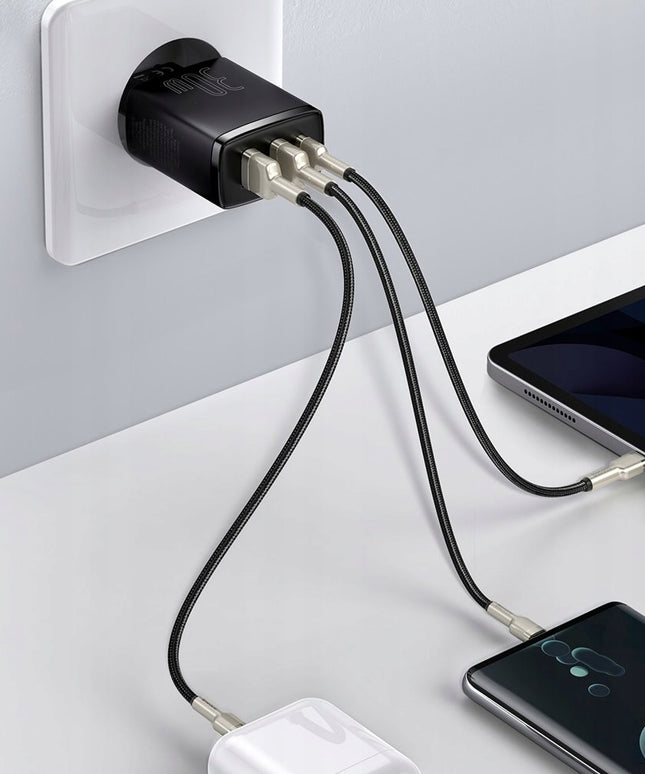 Įkroviklis BASEUS telefonui, 2x USB, USB-C, 30W, 3A PD QC + laidas USB-USB-C, 2m