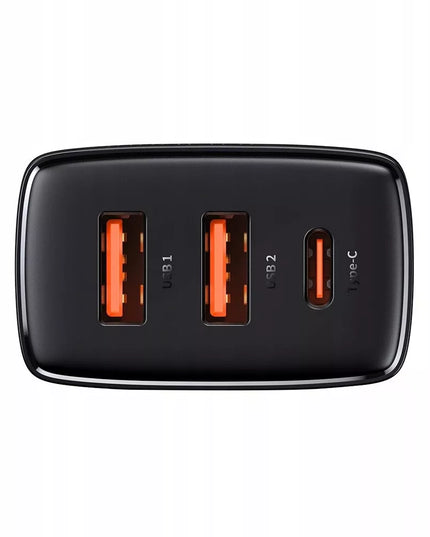 Įkroviklis BASEUS telefonui, 2x USB, USB-C, 30W, 3A PD QC + laidas USB-USB-C, 2m