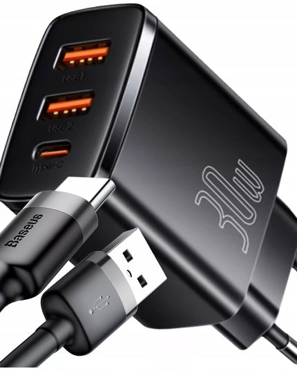 Įkroviklis BASEUS telefonui, 2x USB, USB-C, 30W, 3A PD QC + laidas USB-USB-C, 2m