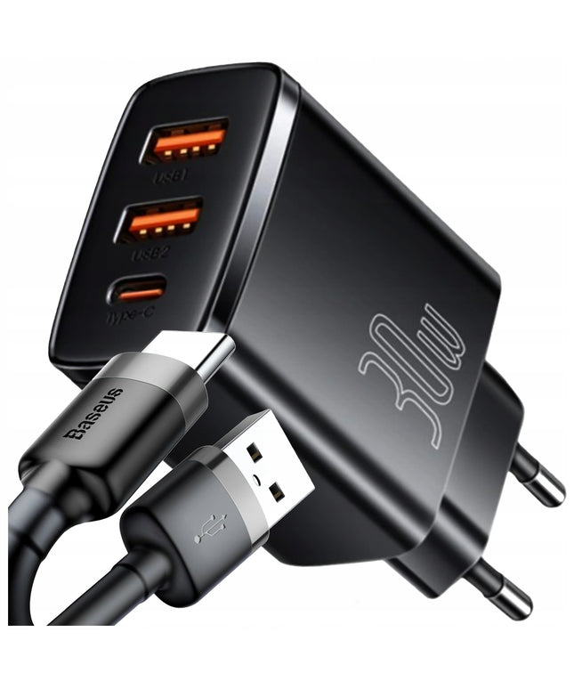 Įkroviklis BASEUS telefonui, 2x USB, USB-C, 30W, 3A PD QC + laidas USB-USB-C, 2m