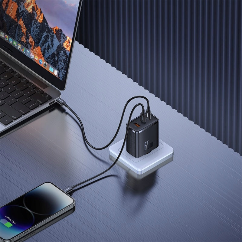 Įkroviklis BASEUS GaN 65W Greitas įkrovimas 2x USB-C USB PD3.0 QC3.0 AFC SCP