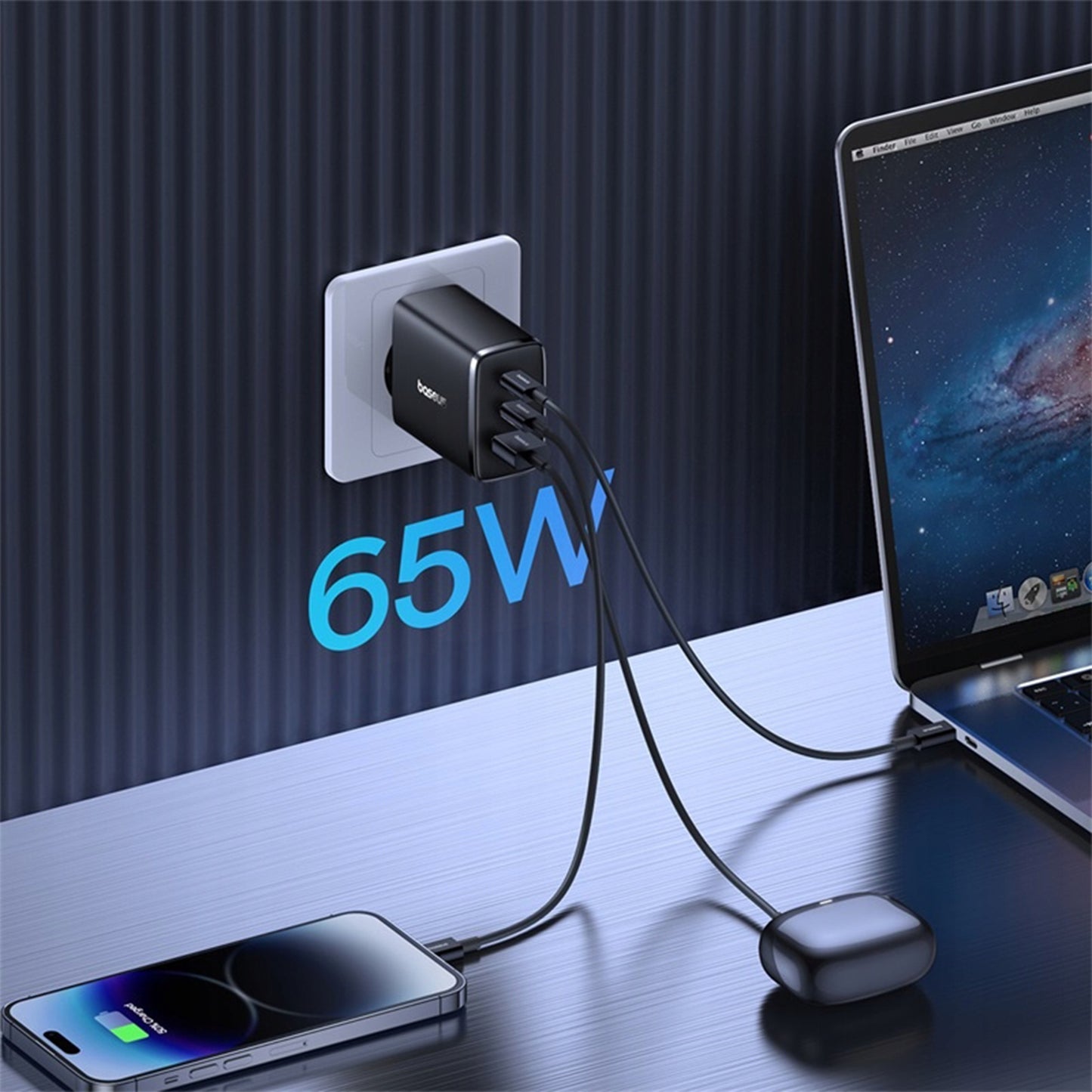 Įkroviklis BASEUS GaN 65W Greitas įkrovimas 2x USB-C USB PD3.0 QC3.0 AFC SCP