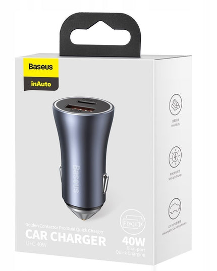 Automobilinis USB-C USB įkroviklis BASEUS 40W PD QC SCP FCP AFC Galingas Greitas
