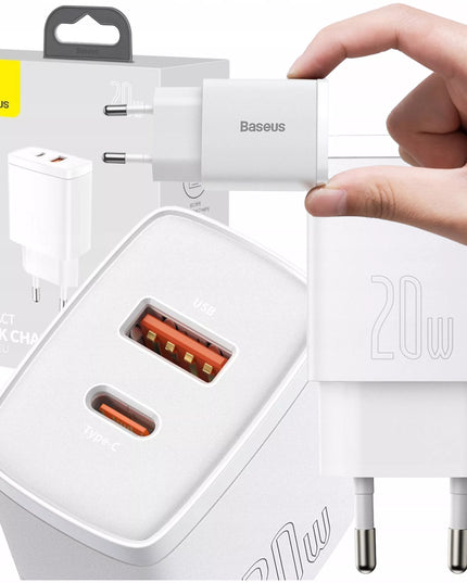 Įkroviklis BASEUS USB USB-C 20W Telefonui, 2 prievadai, Universalus, Greitas QC 3A