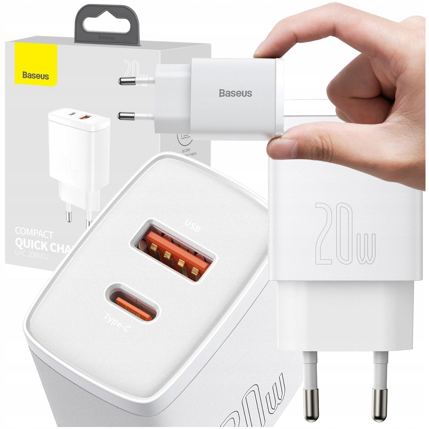 Įkroviklis BASEUS USB USB-C 20W Telefonui, 2 prievadai, Universalus, Greitas QC 3A