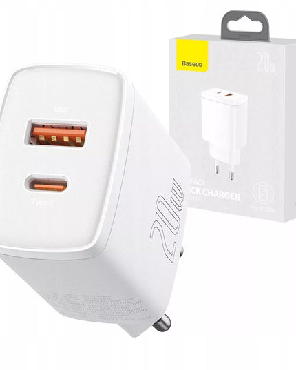 Įkroviklis BASEUS USB USB-C 20W Telefonui, 2 prievadai, Universalus, Greitas QC 3A