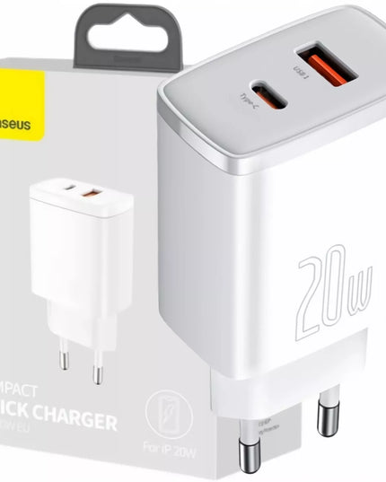 Įkroviklis BASEUS USB USB-C 20W Telefonui, 2 prievadai, Universalus, Greitas QC 3A