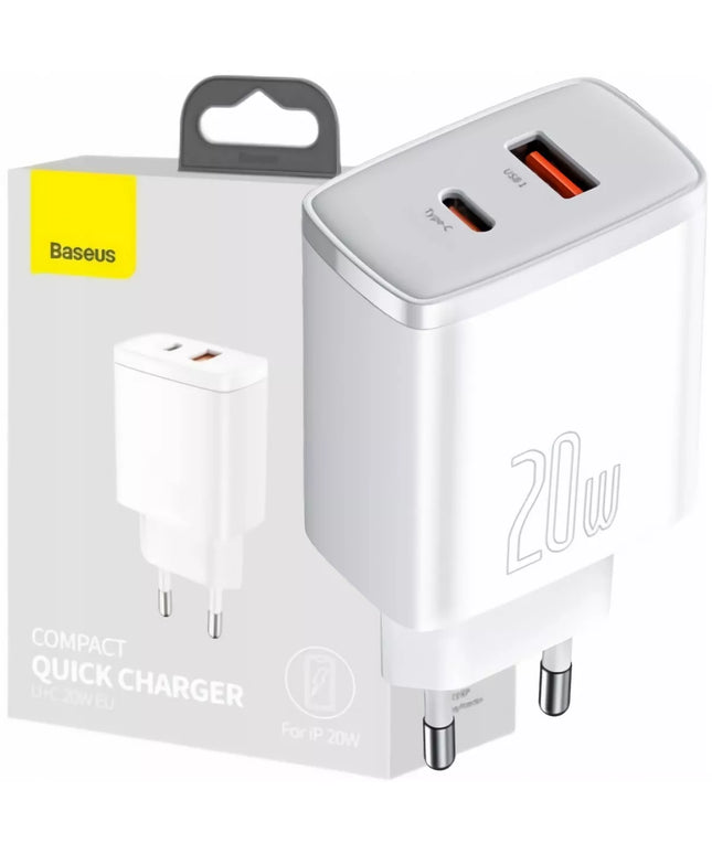 Įkroviklis BASEUS USB USB-C 20W Telefonui, 2 prievadai, Universalus, Greitas QC 3A