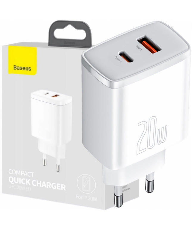 Įkroviklis BASEUS USB USB-C 20W Telefonui, 2 prievadai, Universalus, Greitas QC 3A