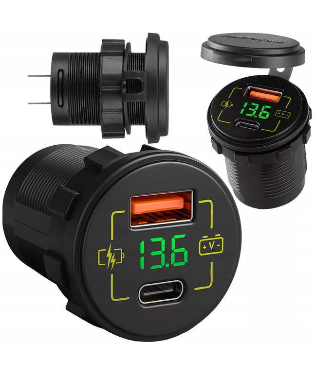 Automobilinis, motociklo ir valties USB bei USB-C įkroviklis, 3,4 A, hermetiškas, 12 V / 24 V