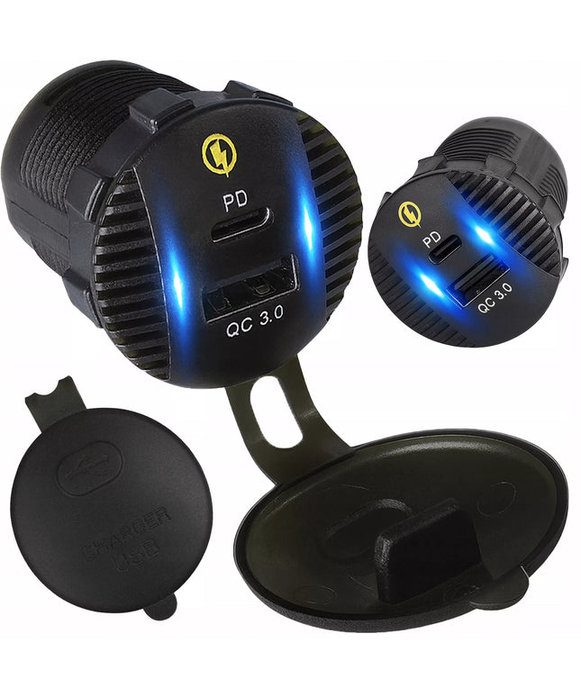 Automobilinis įkroviklis MOTOR KAMPER LED 12V 24V 18W PD 3.0 USB USB-C su dangteliu