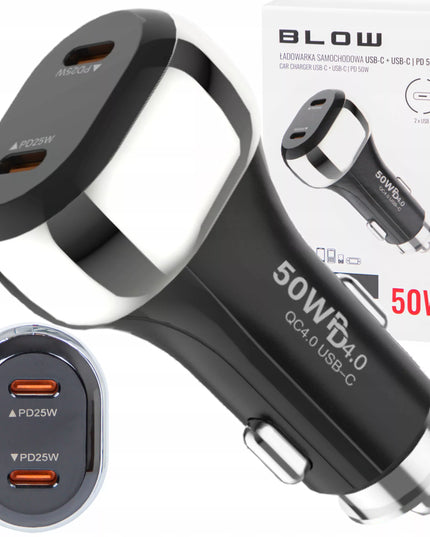 AUTOMOBILINIS ĮKROVIKLIS GREITAS ĮKROVIMAS 2x USB-C PD QC 50W GALINGAS