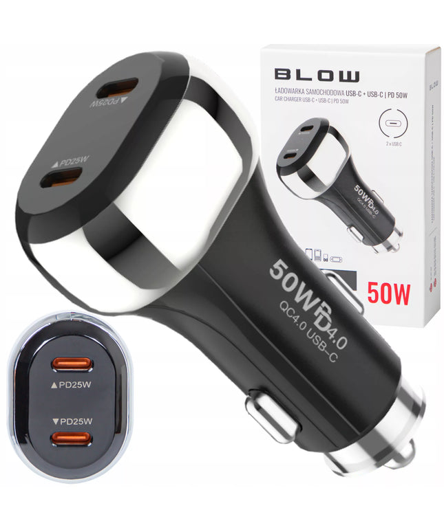 AUTOMOBILINIS ĮKROVIKLIS GREITAS ĮKROVIMAS 2x USB-C PD QC 50W GALINGAS