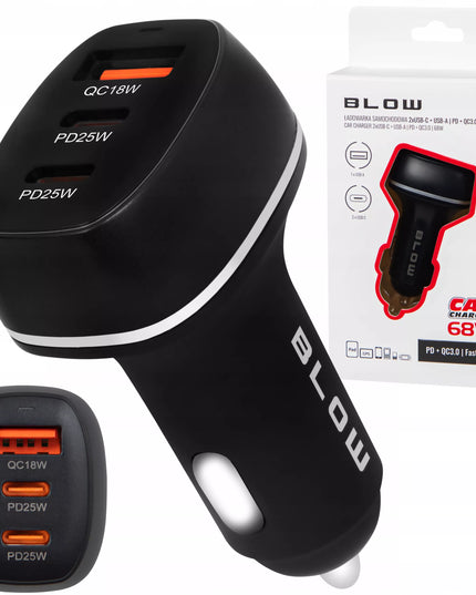 Automobilinis įkroviklis BLOW greitas įkrovimas USB 2x USB-C PD QC 68W galingas