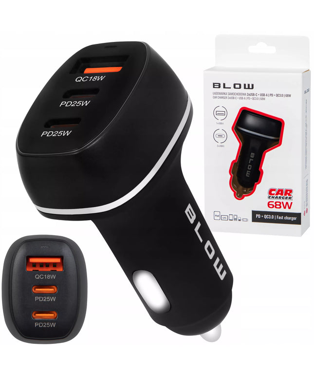 Automobilinis įkroviklis BLOW greitas įkrovimas USB 2x USB-C PD QC 68W galingas