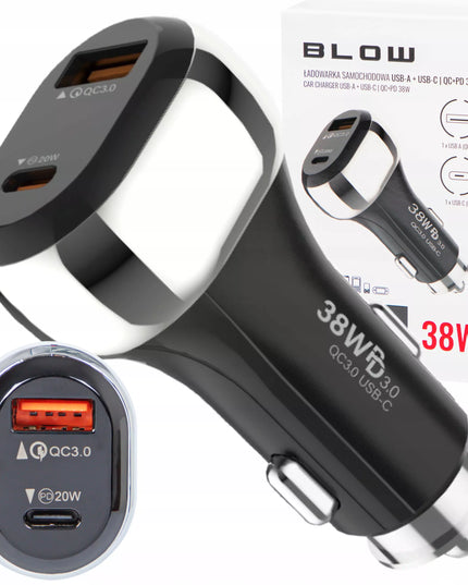 Automobilinis įkroviklis, greitasis įkrovimas, USB, USB-C PD QC, 38W, galingas