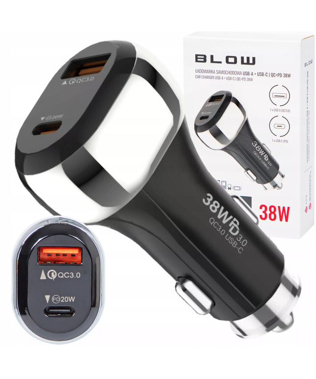 Automobilinis įkroviklis, greitasis įkrovimas, USB, USB-C PD QC, 38W, galingas