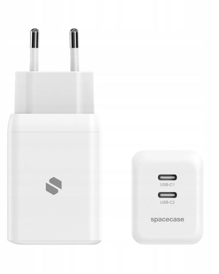 Spacecase 45W tinklo įkroviklis telefonui, greitas 2x USB-C PD įkrovimo blokelis, baltas