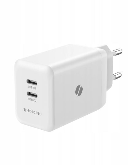 Spacecase 45W tinklo įkroviklis telefonui, greitas 2x USB-C PD įkrovimo blokelis, baltas